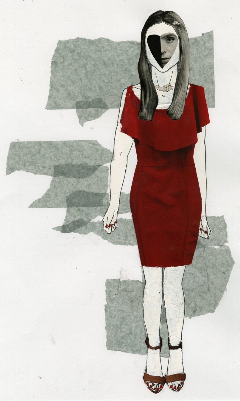 A collage illustration of a young woman. She is wearing a sleeveless red dress shaped close to her body, with a large ruffle falling down from the top hem, finishing above her knees. She has yellow sandals, her nails painted red, and wears a pearl hairpin.