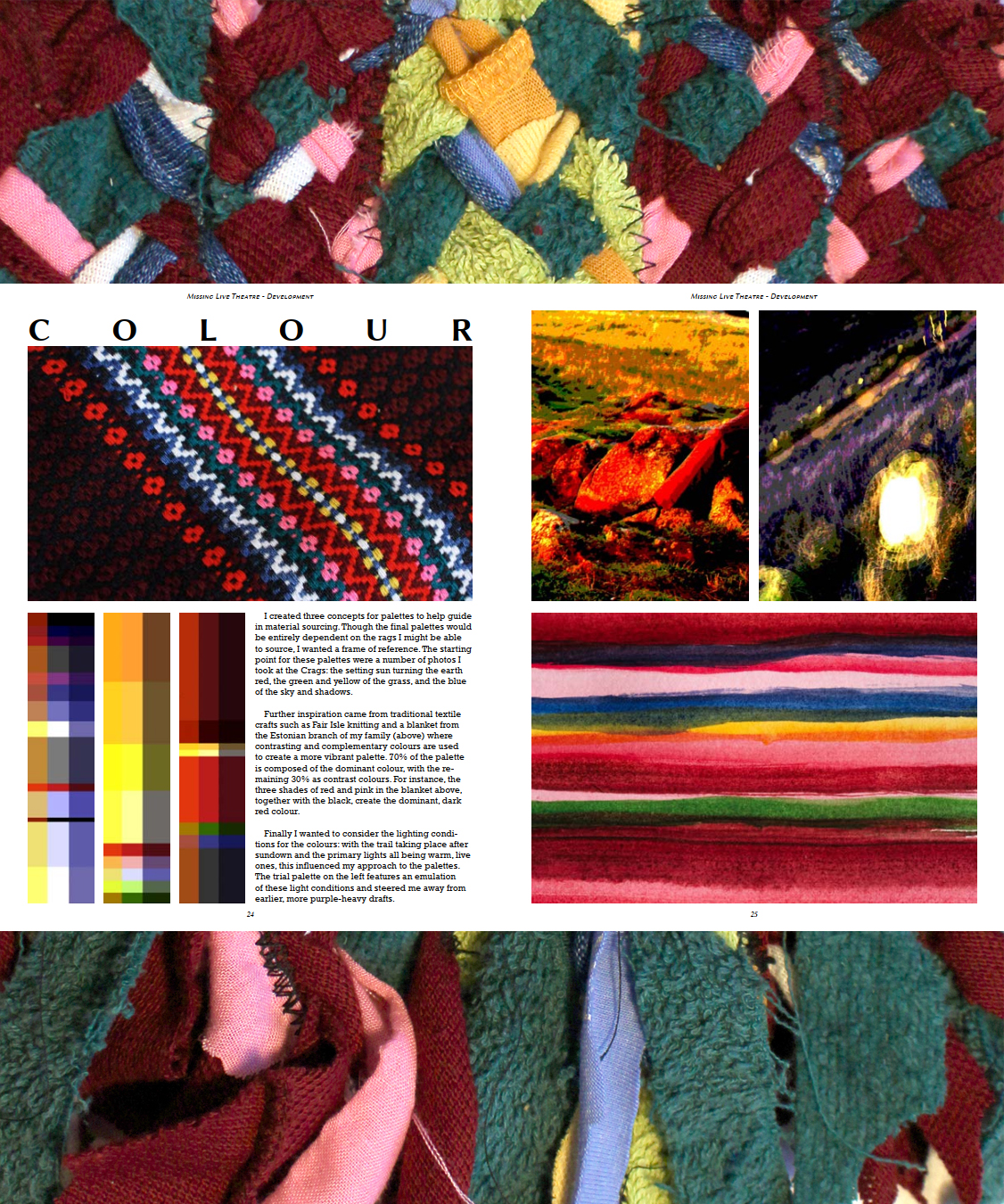 A spread from a costume book placed ontop of a photo of a fabric sample. The sample is several seven-strand braids, made out of colourful rags, sewn together in breadth. The spread is titled colour and features text and pictures, such as colour maps and manipulated photos.