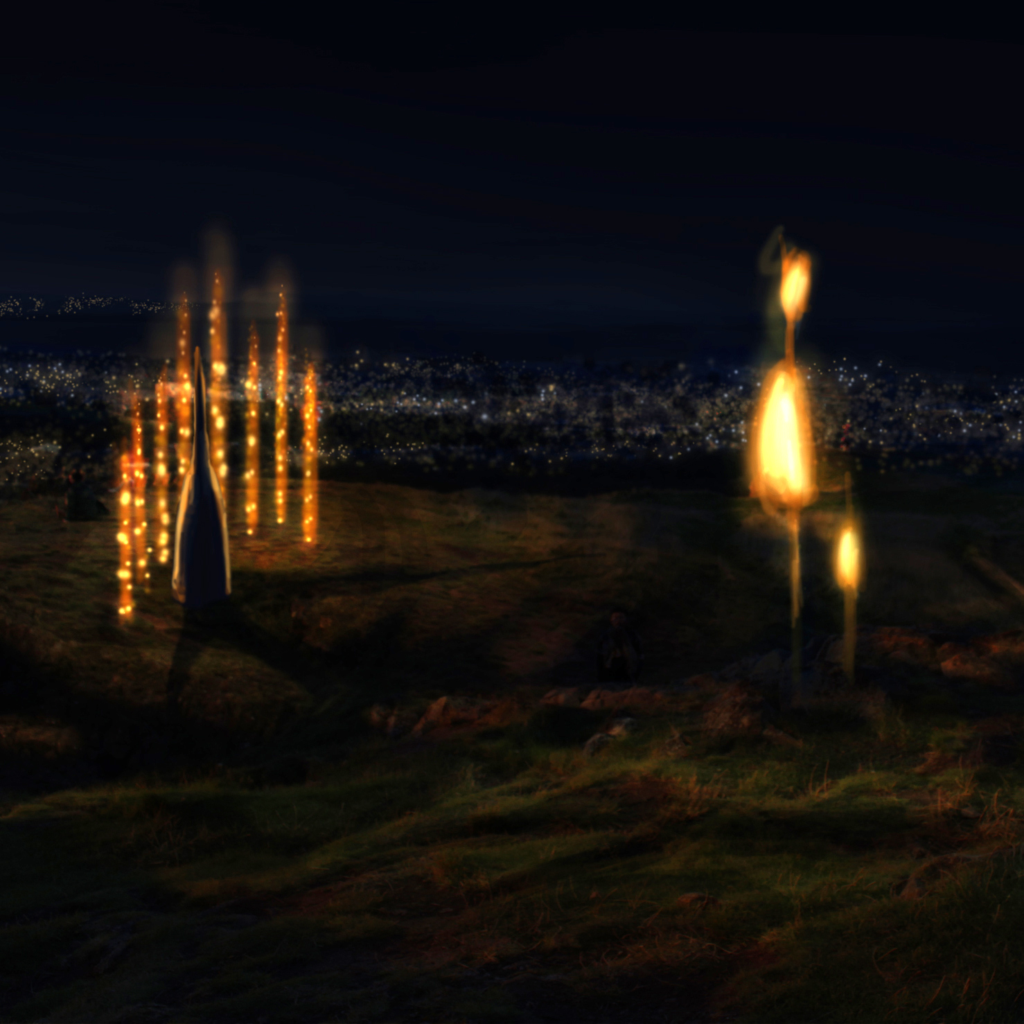 A digital storyboard illustration. On a dark hillside stands a tall silhouette among towers of lights. In the background is the glittering lights of a city.