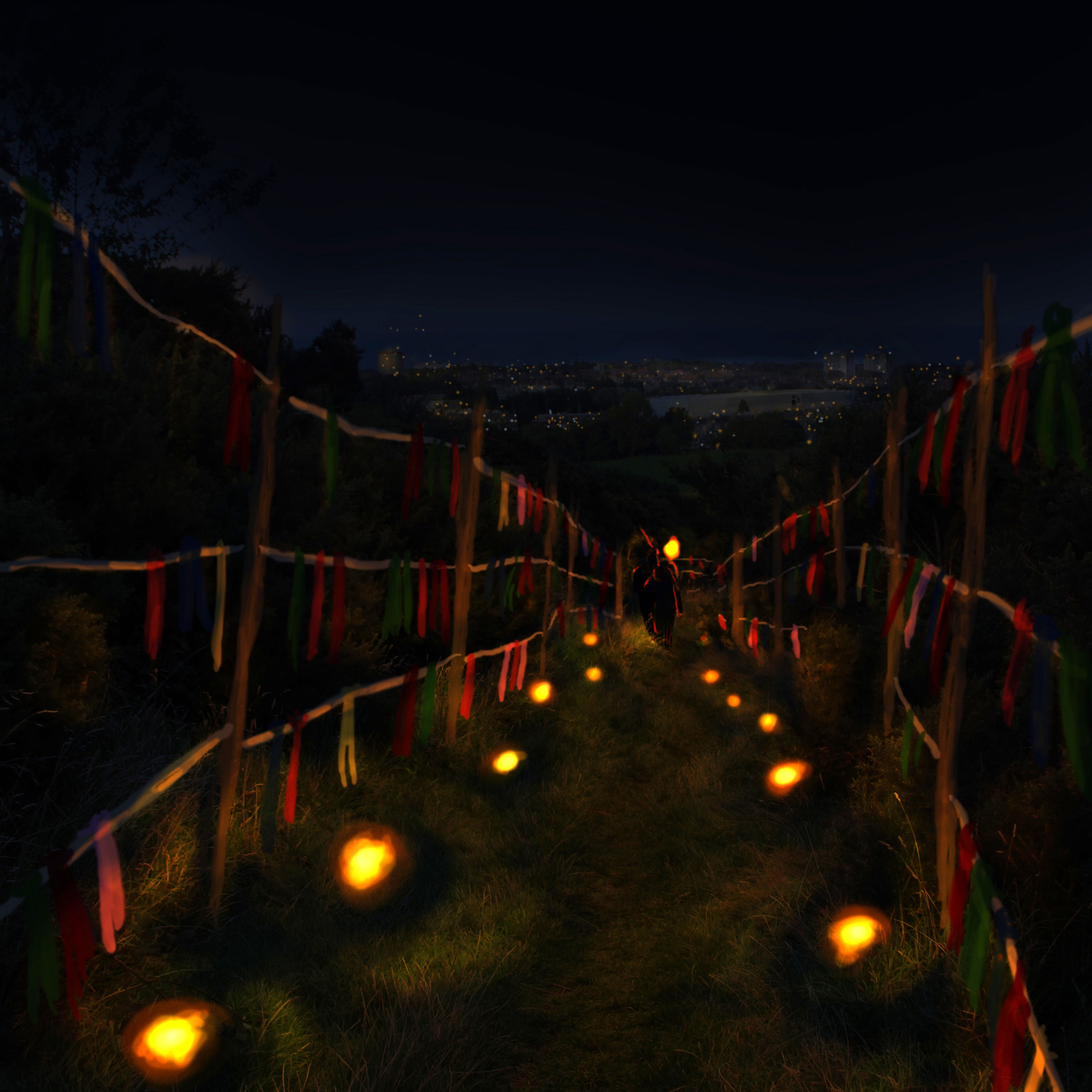 A digital storyboard illustration. Two wire fences, decorated with rags of fabric, run on either side of a path, downhill between the shrubberies. It is dark and at the bases of the fences are lights. In the distance a figure with a lantern can be spotted, and eventually the glittering lights of a city.