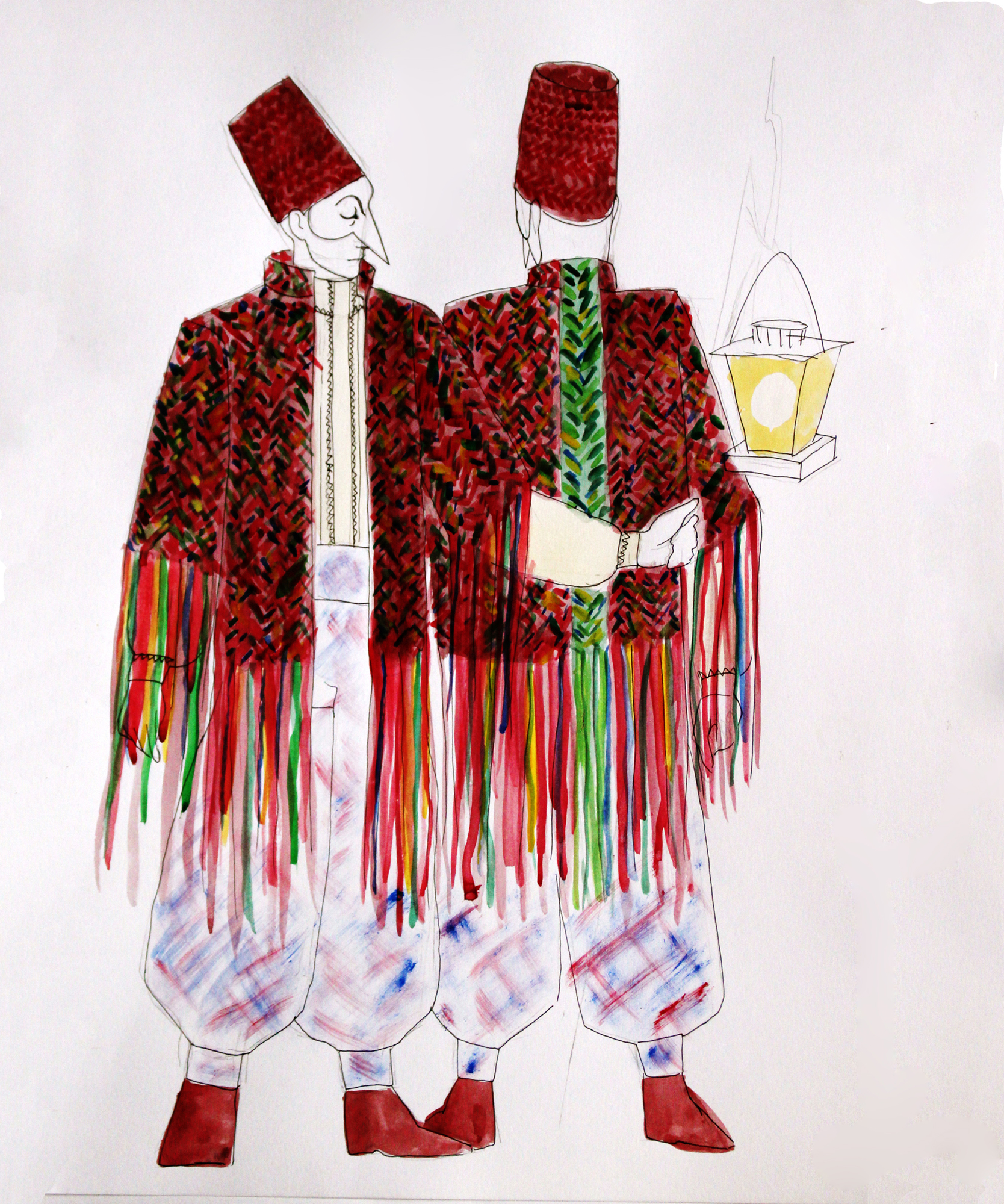 A watercolour illustration of the front and back side of a character. They wear puffy trousers in pale blue and red, a dark red jacket made out of braids, ending in a thick fringe at the sleeves and lower hem. Underneath the jacket is a light shirt. They are also wearing a fez-style hat and a mask with closed eyes and a long nose.