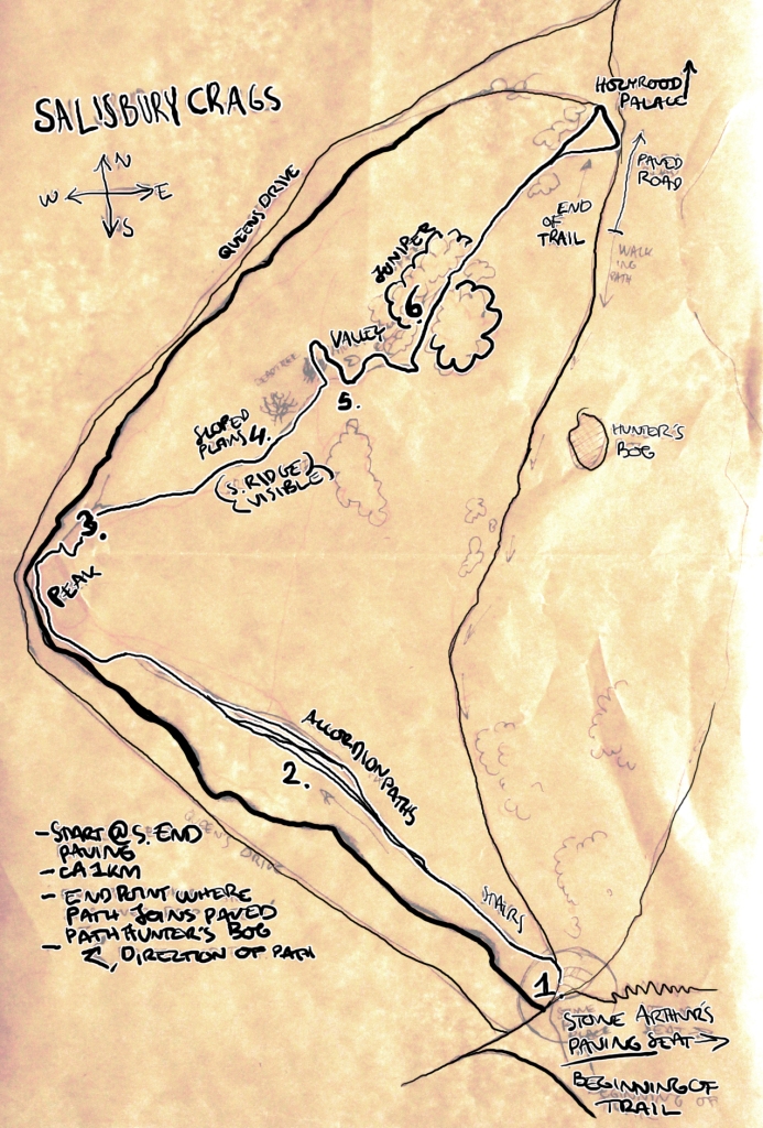 A hand-drawn map of Salisbury Crags, with notes of the different locations and other information.