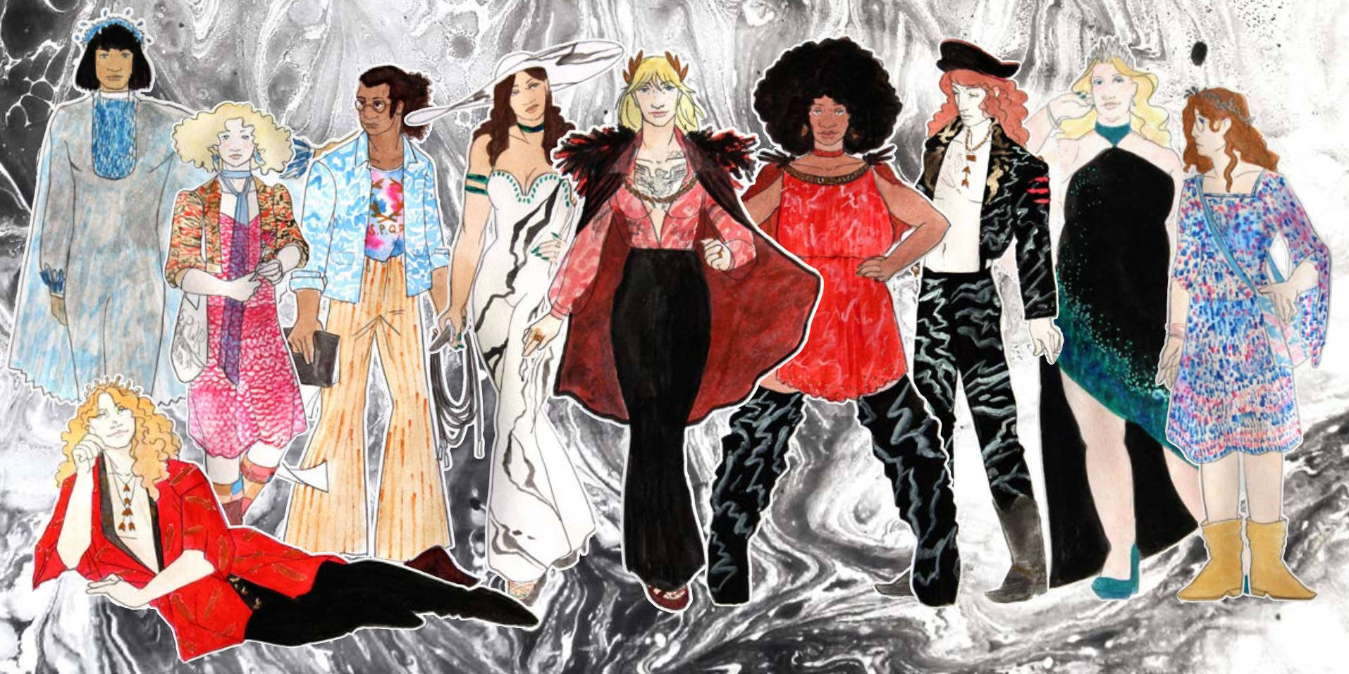 A digitally collaged lineup of ten character illustrations. They have various outfits but all of them resemble 1970s pop- and rockstars such as Bianca Jagger, Farrah Fawcett, Robert Plant or Chaka Khan.