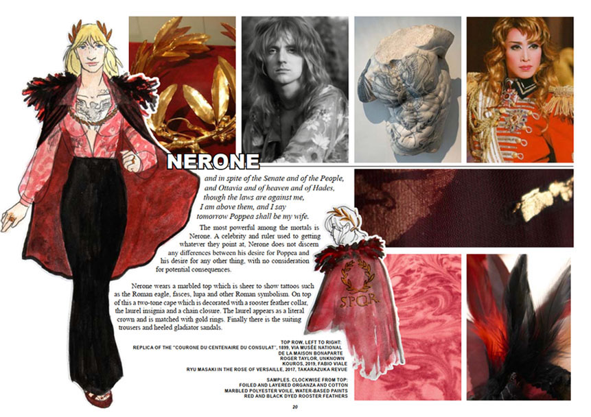 A page from a project book labelled NERONE. To the left is an illustration of the character; she is blonde and wears black flared trousers, a sheer red top and a dark red cape with a black feather collar. Underneath the top she is bare chested and tattooed. A secondary illustration shows the gold wreath she wears and the back of the cape, with a gold S.P.Q.R. text. Four photos show the gold coronation wreath of Napoleon, a photo of Robert Plant, a tattooed marble bust and a female actor from Takarazuka Revue in crossdressing. Another three photos show material samples of marbled fabric, feathers, and gold detailing.