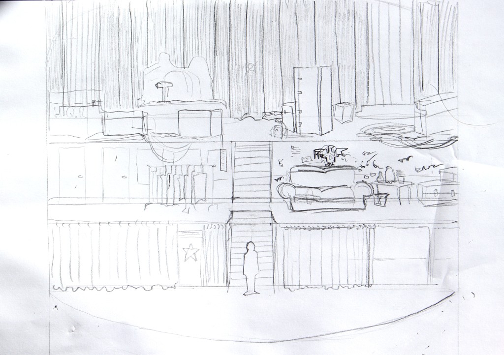 A simple pencil sketch of a stage layout. The stage is made up out of three levels with a stair going up the middle; the bottom one on the stage floor, there is draperies and a door with a star on it. On the second level is what looks like a backstage corridor and green room, with a couch and a clothes rack, the wall behind it covered with signatures. The top floor is the stage of a rock concert as seen from behind, with bundles of cable, transport boxes, a covered up drumset, etc.