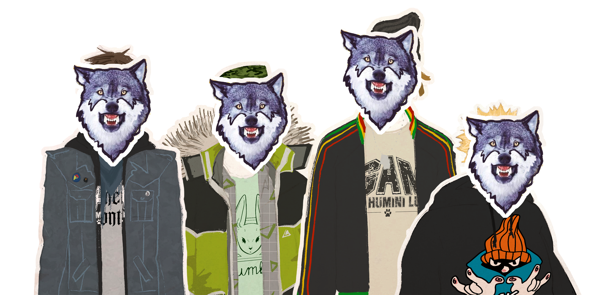 A cropped version of the lineup above, with just the Werewolf and the Wolves, from their chest up. They all have the same photo of a wolf's head over their faces as masks.