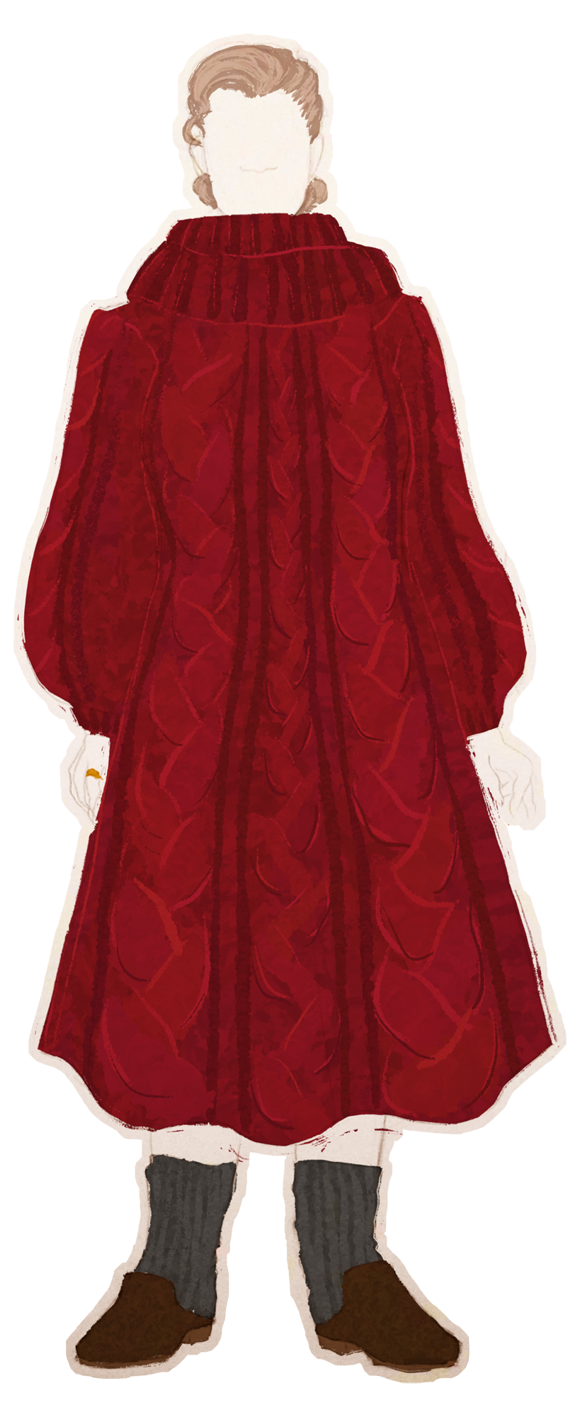 A digital illustration of the character Grandma. She wears a large red knit dress; it has chunky cable knit details and a turtleneck collar, stopping below her calf. She has grey socks in a brown pair of wooden heeled slippers.