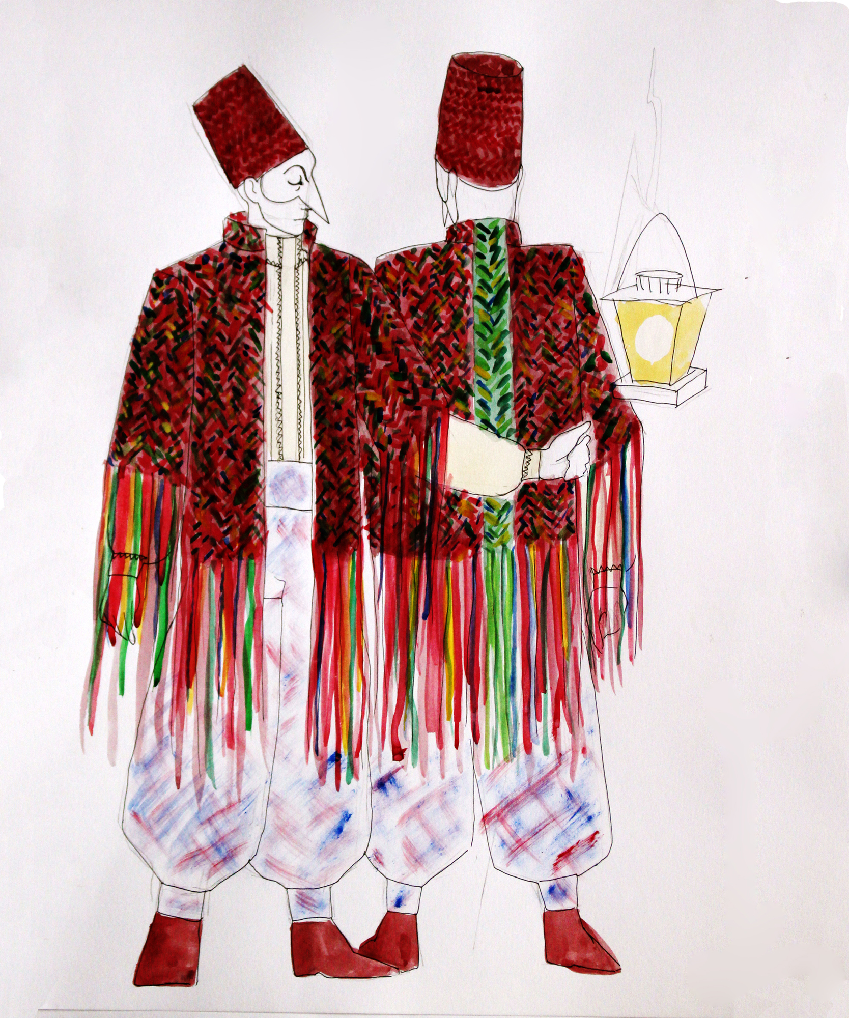 En kostymdesign i akvarell. Karaktären visas fram- och bakifrån. Den har en konisk röd hatt, en mask med lång näsa, en jacka i rött med mångfärgade inslag i en flätad textur och långa fransar. Den har en ljus skjorta och ljusa, puffiga byxor, hållandes en stav med en lykta.