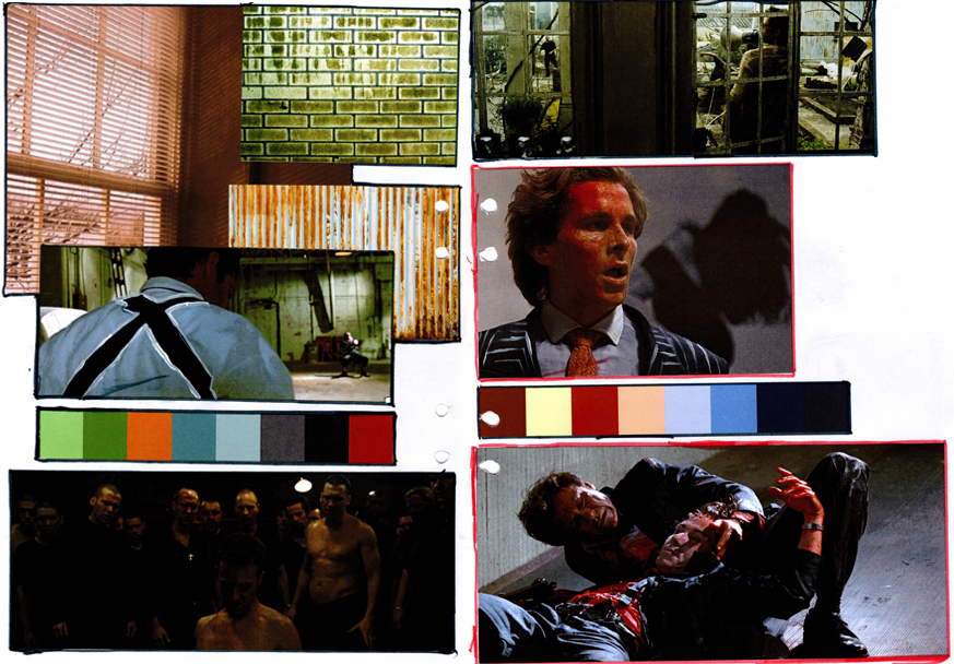 Två sidor av analoga kollage. Den vänstra sidan har ett antal foton av industriella strukturer som tegel och korrugerad plåt. Bägge sidorna har bilder ur filmerna De Hänsynslösa, American Psycho, och Fight Club. Detaljer som kritsträcksränderna i Patrick Batemans kostym har förstärkts med en penna och de två sidorna har varsin färgpalett.