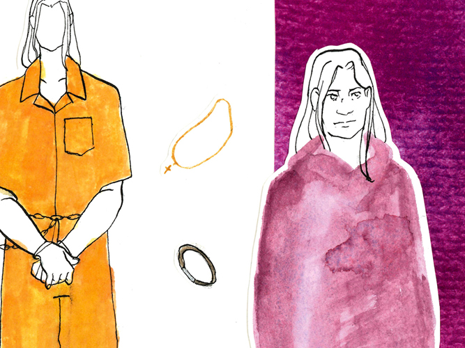 Ett utsnitt ur en kostymskiss. Merparten av bilden är en linjeteckning av en karaktär med en tjocktröja, ifylld med en flammig lila, utklippt och fastlimmad på ett foto av ett stickat tyg i samma lila. Till höger i bild en enklare teckning av samma karaktär men i en orange fängelseuniform.